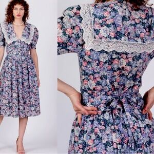 Vintage Floral Lace-Trim Midi Dress Women Sz 14 Navy Purple Pink Cottagecore 80s